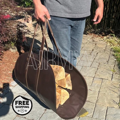 Firewood Log Carrier Handmade Real Cowhide Leather – Wood Carrier Bag - Image 1 of 4