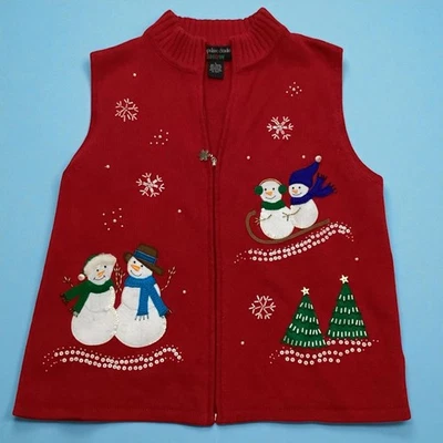 Colete de Natal feio Hampshire Studio Snow feminino vermelho sem mangas boneco de neve G - Imagem 1 de 4