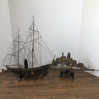 1960's Vtg C Jere Ship Schooner Village Town Harbor Metal Wall Art Sculpture MCM - Image 1 of 4