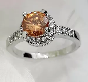 Women's Ring Orange CZ Topaz Solitaire With Accents, Round Fashion Jewelry - Picture 1 of 10