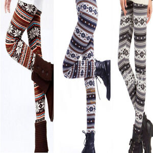 Women's Winter Festive Reindeer/Snowflake Patterned Thick Fleece Lined Leggings
