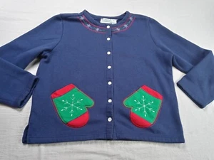 Shenanigans embroidered Christmas Gloves Navy Blue cardigan sweater Sz Medium - Picture 1 of 10