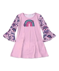 NWT Girls Size 4 Rainbow Pink Long Floral Sleeve Dress - Picture 1 of 1