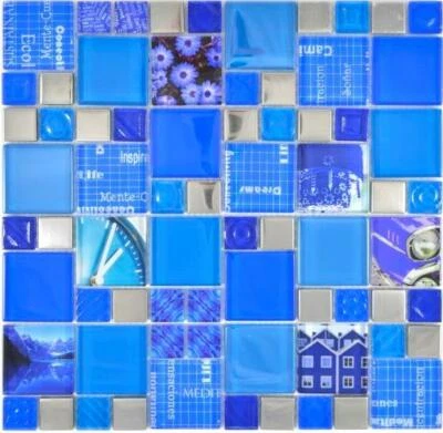 Mosaico Mattone cristallo trasparente Specchio argento blu 88-0417_f | 10 foglie - Immagine 1 di 4