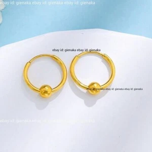Pure 24K Yellow Gold Earrings Beads Hoop Women Smooth Earrings 1.65-1.8g - Picture 1 of 4
