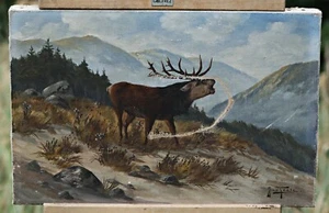 Pintura al óleo de John Theele (1876-1934) - Ciervo majestuoso en paisaje alpino - Imagen 1 de 6