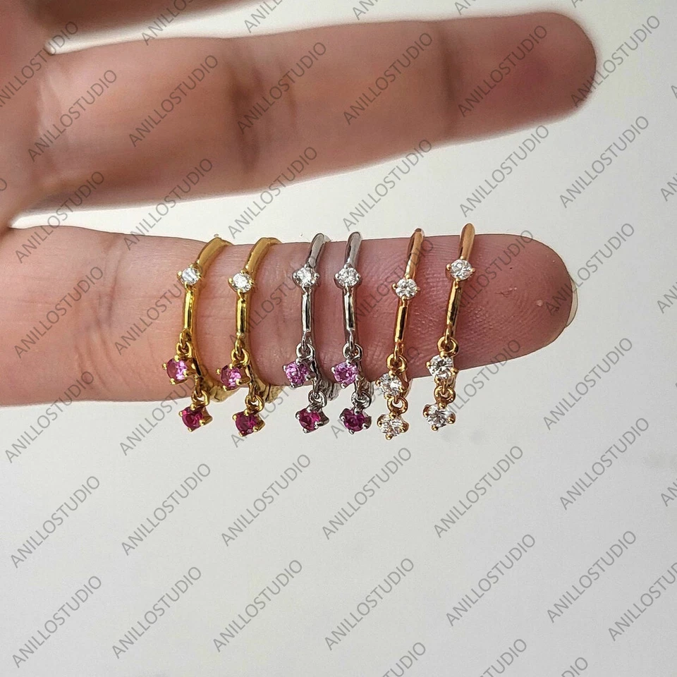 Genuine Ruby & Diamond Drop Hoop Earrings ,14k Yellow Gold Gift For Her Wedding  - Image 1 of 4