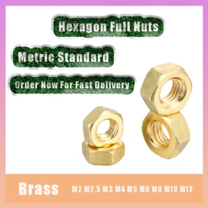 Brass Hexagon Full Nuts Metric Standard Pitch M2 M2.5 M3 M4 M5 M6 M8 M10 M12 - Picture 1 of 5