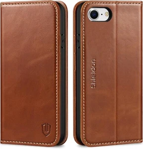 iPhone 7 8 SE2 SE3 Case Leather Card Holder Shock Absorbing Kickstand Brown - Picture 1 of 11