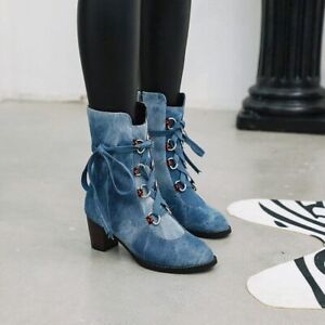 Womens Denim Mid Calf Boots Block Mid Heel Round Toe Fashion Party Lace Up Shoes