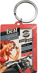 Retro Metal Keyring BEST GARAGE for Motorcycles w Rear Print Vintage look Pin up - Bild 1 von 3