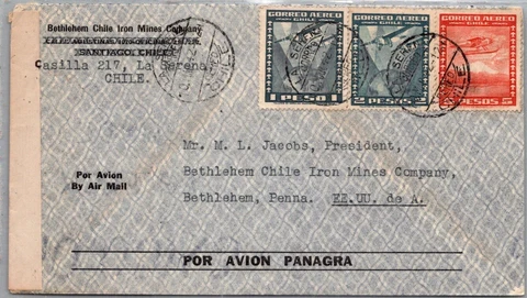 CHILE POSTAL HISTORY WWII CENSORED AIRMAIL COVER ADDR USA CANC LA SERENA YR'1942 Cover