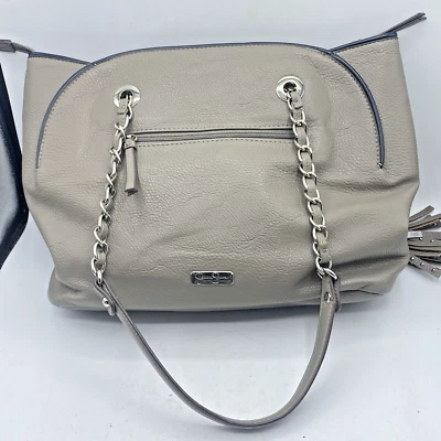Jessica Simpson Tote Purse Handbag Gray Blue Trim Studs Roomy Vegan Leather Zips - Image 1 of 4