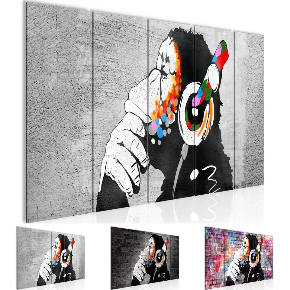 Wandbilder Wohnzimmer Banksy Affe mit Kopfhörer Schlafzimmer Flur Deko Bild - Bild 1 von 1