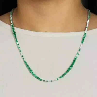 9 Ctw Round Cut Emerald & Diamond 14k Wh Gold Plated Wedding Tennis Necklace 18" - Image 1 of 4