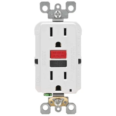 Toma GFCI Leviton 15 Amp 125 Voltios Autoprueba Resistente a Manipulaciones, Blanco GFTR1-RKW Foto 1 de 4