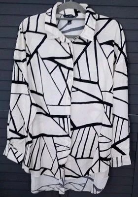 NEW LOOK CREAM & BLACK OVERSIZED LONG SLEEVE BUTTON UP BLOUSE SIZE 14/16/18/20 - Image 1 of 4