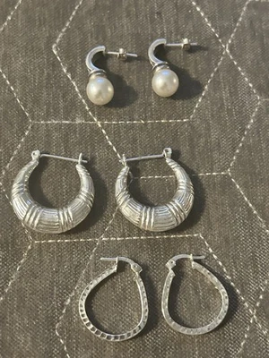 Three Pairs Of Sterling Silver 925 Hoops Earrings Faux Pearl Hammered Hoop #205 - Image 1 of 4