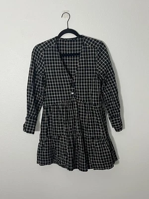 Zara Tiered Long Sleeve Mini Dress V-Neck Black Beige Gingham Plaid Woven XS - Image 1 of 4