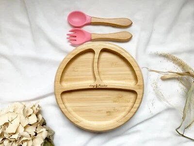 Bambus Babyteller; Kindergeschirr mit Saugnapf, Besteck:  Rosa - Bild 1 von 3