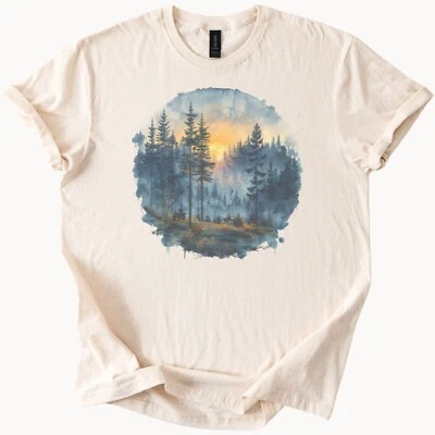 Camiseta Gráfica Bosque Amanecer Naturaleza Pino Camisa Montaña Paisaje Arte Foto 1 de 4