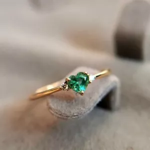 Heart Cut Simulated Green Emerald Engagement Band Ring In 14k Yellow Gold Plated - Picture 1 of 5