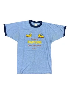 Vintage 80s Jesus Christ T Shirt In Case of Rapture Pop Art Fits S/M Blue Ringer - Picture 1 of 6