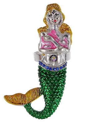 Fat Girl Mermaid Pink Green Enamel Ocean Neon Painted Sea Life adj Ring Jewelry - Image 1 of 4