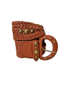 Next Woven Braided Wide Brown Leather Belt Crescent Moon Buckle Studs Boho Sml - Picture 1 of 5