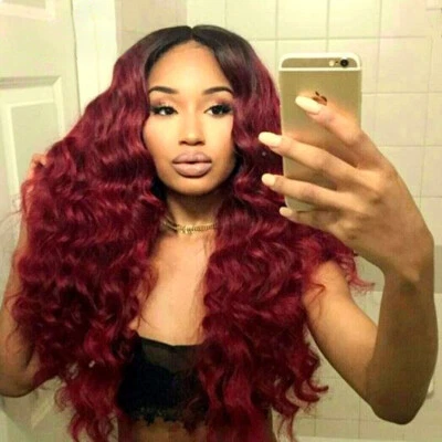 Mujeres 99j Pelucas Rizadas Rojas Borgoña Largas Onda Profunda Pelucas Sin Encaje Pelucas  Foto 1 de 4