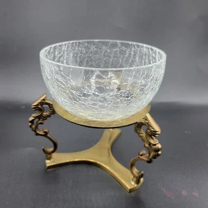 Vintage Crackle Glass Bowl Or Votive Candle Holder On Brass Stand With 3 Dragons - Picture 1 of 9