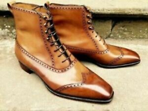 Men Handmade Boots Tan Ankle Leather Lace Up Formal Wear Casual Dress Shoes