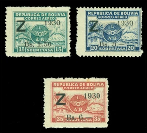 BOLIVIA 1932 Airmail - ZEPPELIN (Z) surch. complete set Sc# C24-C26 mint MH - Picture 1 of 2