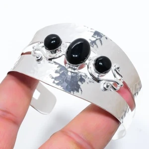 Black Onyx Gemstone Handmade 925 Sterling Silver Adjustable Cuff Bracelet - Picture 1 of 1