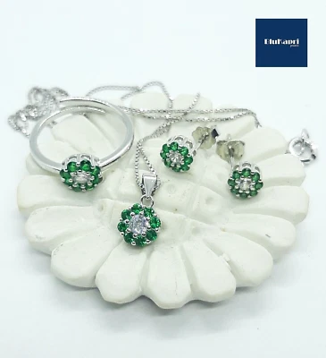 SET DONNA ORECCHINI ANELLO CIONDOLO IN ARGENTO 925STERLING ZIRCONI BIANCHI E VER - Immagine 1 di 4