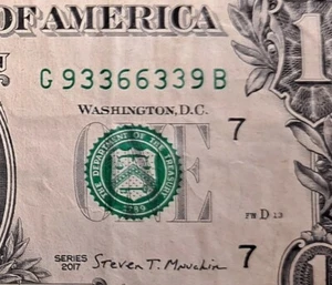 Fancy Serial Number $1 Bill Series 2017 ~93366339~ ((Múltiplos de 3 radares)) - Imagen 1 de 3