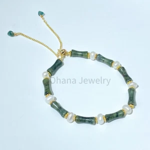 Natural Dark Green Jade Freshwater Pearl Adjustable Copper Bracelet - Bamboo - Picture 1 of 1