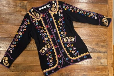 Cárdigan Michael Simon Grande Negro Joyas Cuentas Dorado Bordado De Colección Años 80 Foto 1 de 4