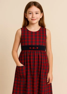 Hartstrings Girls Dress 12 Red Navy Plaid Sleeveless Cotton Flannel Apples 38” - Image 1 of 4