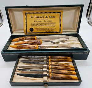 Vintage E. Parker & Sons Sheffield Edelstahl Tranchierset & 6 Steakmesser #3709 - Bild 1 von 14