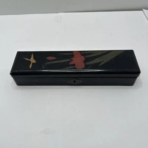 Antique Japanese Burgundy Lacquer Glove Box pagoda cherry blossoms bridge 9inch - Picture 1 of 9