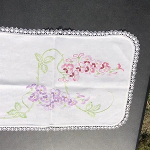 Pink Purple Embroidered Dresser Scarf Table Runner 13" x 41" Lace Trim C - Picture 1 of 11