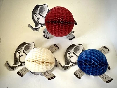 6 VINTAGE PATRIOTIC ELEPHANT HONEYCOMB DIE CUTS MADE IN DENMARK JULY 4th Decor - Image 1 of 4