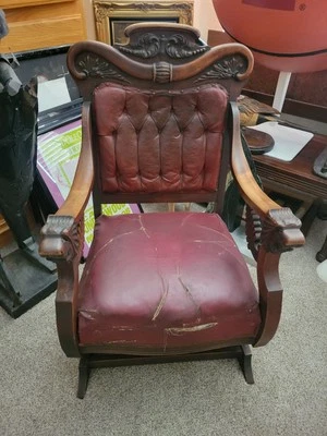 Antique English Estate Leather Rocker Chair 18th Century Carved Vintage Throne - Image 1 of 4