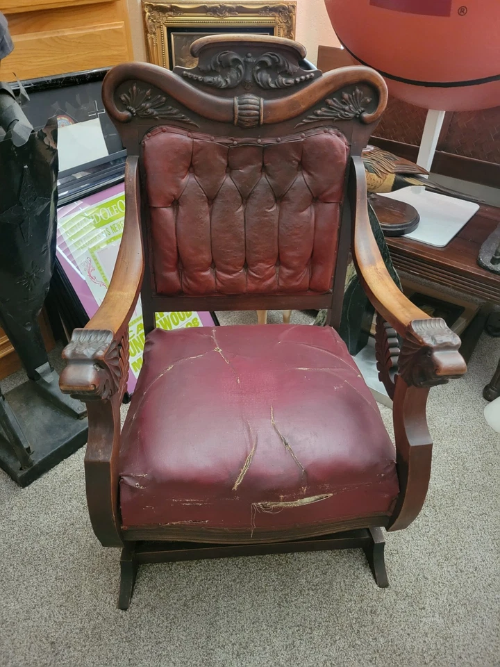 Antique English Estate Leather Rocker Chair 19th Century Carved Vintage Throne - Image 1 of 4