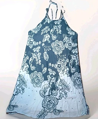 Vestido Halter Love Stitch Azul Blanco Estampado Floral Tirantes Boho Vestido Sin Mangas Foto 1 de 4