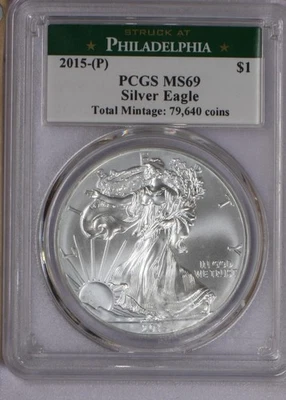2015-(P) Silver Eagle 1 oz. $1 PCGS MS69. Mintage: 79,640! Free shipping. - Image 1 of 2