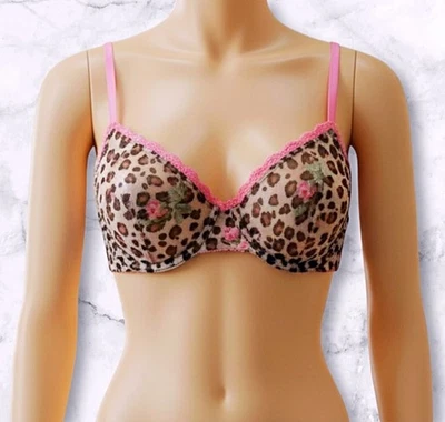 Sutiã de renda com estampa de leopardo rosa rosas semi transparente tamanho 34D - Imagem 1 de 4