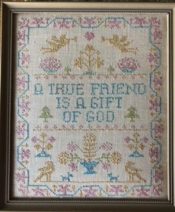 Vintage Framed Hand Stitched "A True Friend is a Gift From God" Sampler - Picture 1 of 2