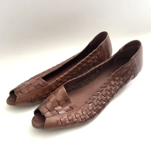 VTG Tiffany Tan Brown Leather Court Shoes Peep Toe Summer Pleated 6UK - Picture 1 of 4